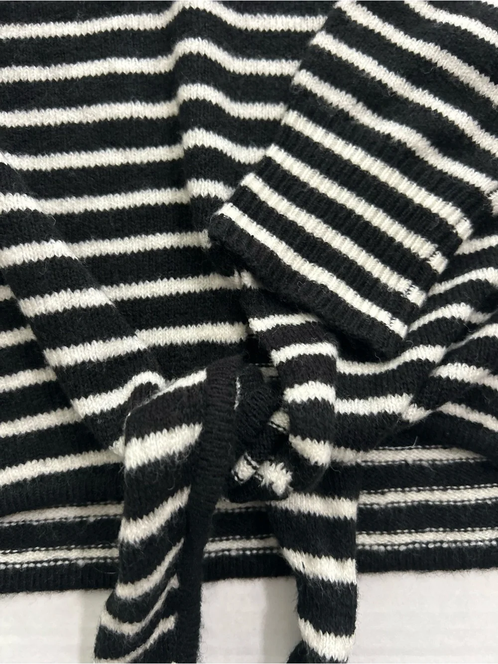 NWT LOFT Womens Sweater Black White Striped Pullover Wool Mock Neck Front Tie S